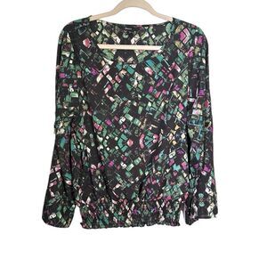 Thesis Womens Sz XL Printed Blouse Roll Sleeve Gold Hardware Cinched Waist